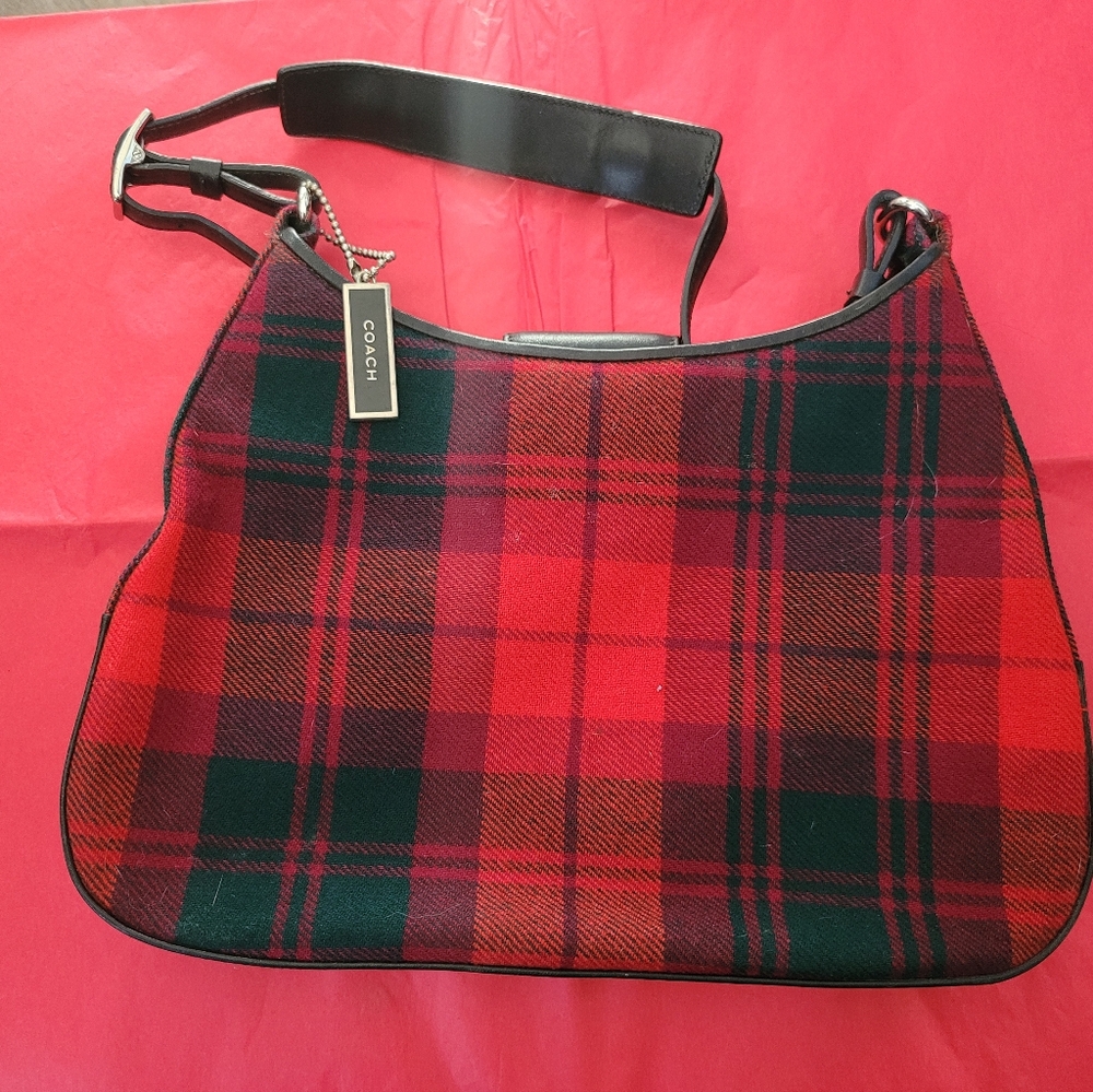 Coach red green plaid wool small purse